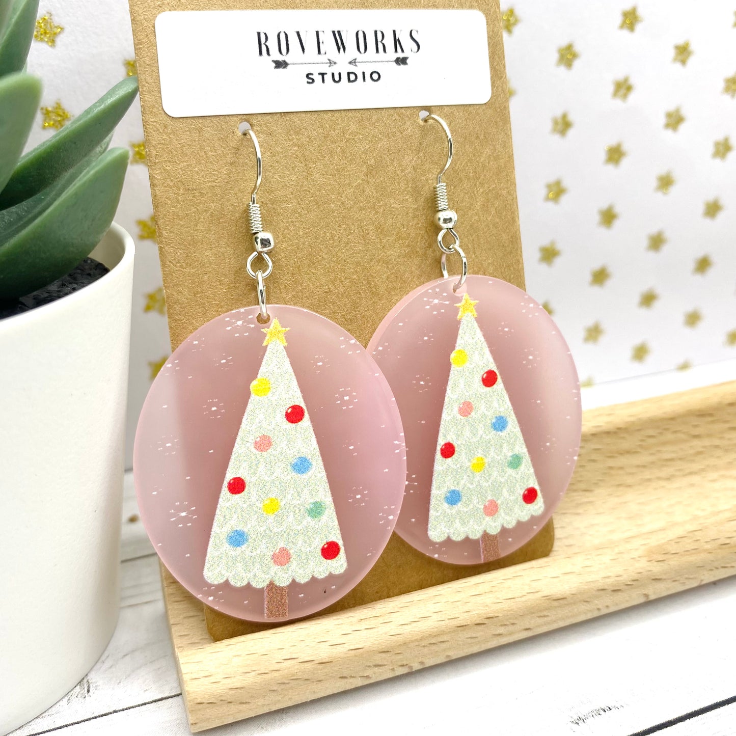 Pink Polka Dot CHRISTMAS TREE Earrngs