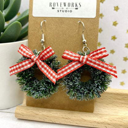 CHRISTMAS WREATH with a Gingham Bow Earrings