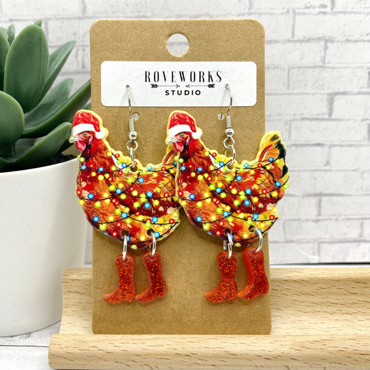 CHRISTMAS CHICKENS in Red Boots Earrings