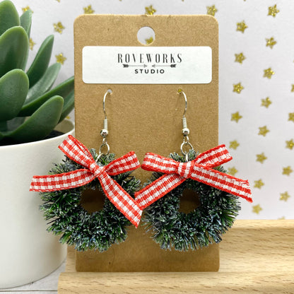 CHRISTMAS WREATH with a Gingham Bow Earrings