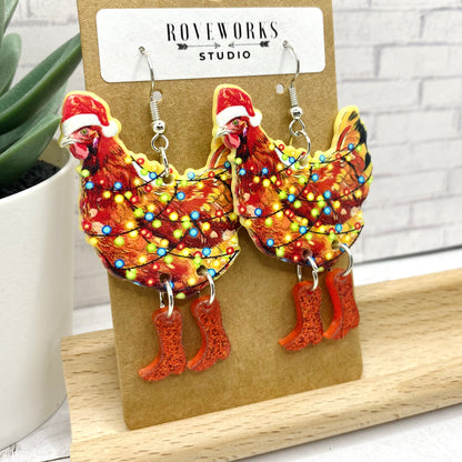 CHRISTMAS CHICKENS in Red Boots Earrings