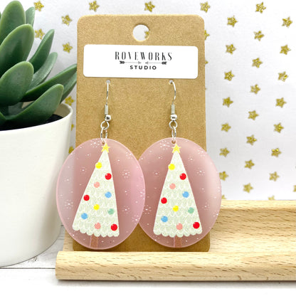 Pink Polka Dot CHRISTMAS TREE Earrngs