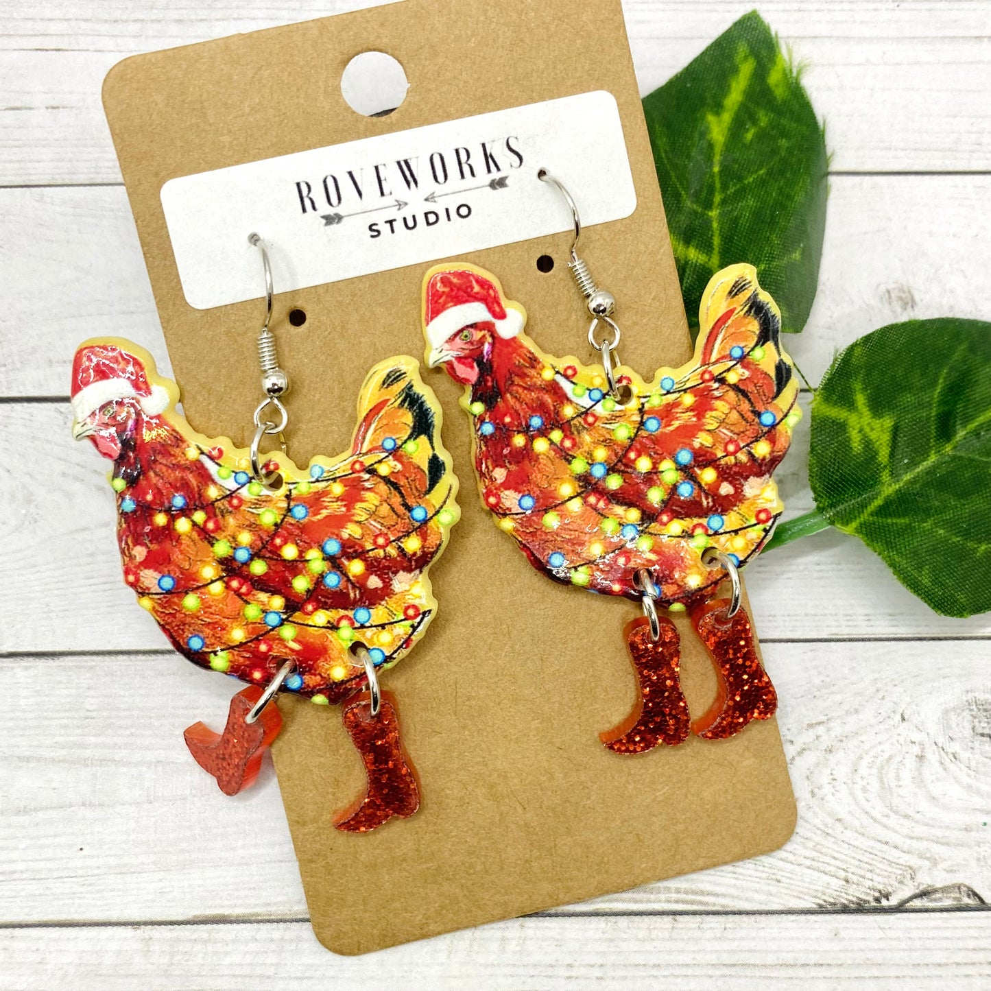 CHRISTMAS CHICKENS in Red Boots Earrings