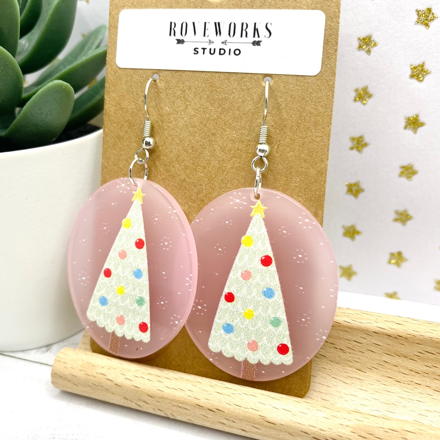 Pink Polka Dot CHRISTMAS TREE Earrngs