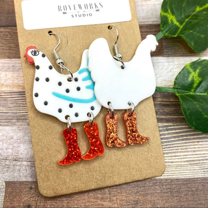 CHICKENS in RED BOOTS Earrings