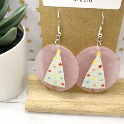 Pink Polka Dot CHRISTMAS TREE Earrngs