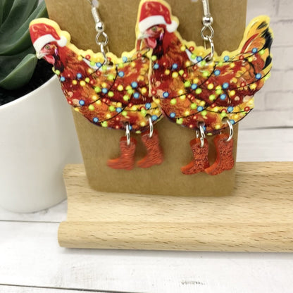 CHRISTMAS CHICKENS in Red Boots Earrings