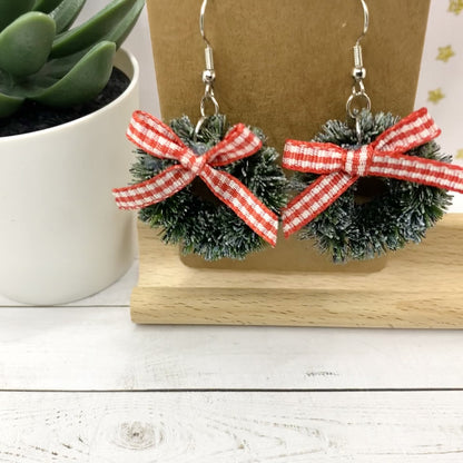 CHRISTMAS WREATH with a Gingham Bow Earrings