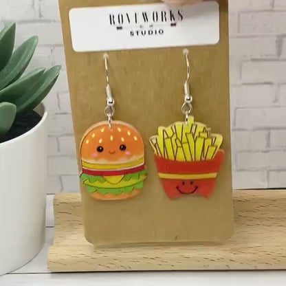 Big HAMBURGER & FRIES Mismatched Earrings