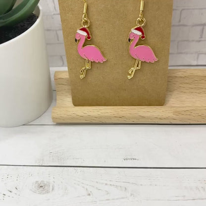 Santa Hat FLAMINGO Christmas Earrings